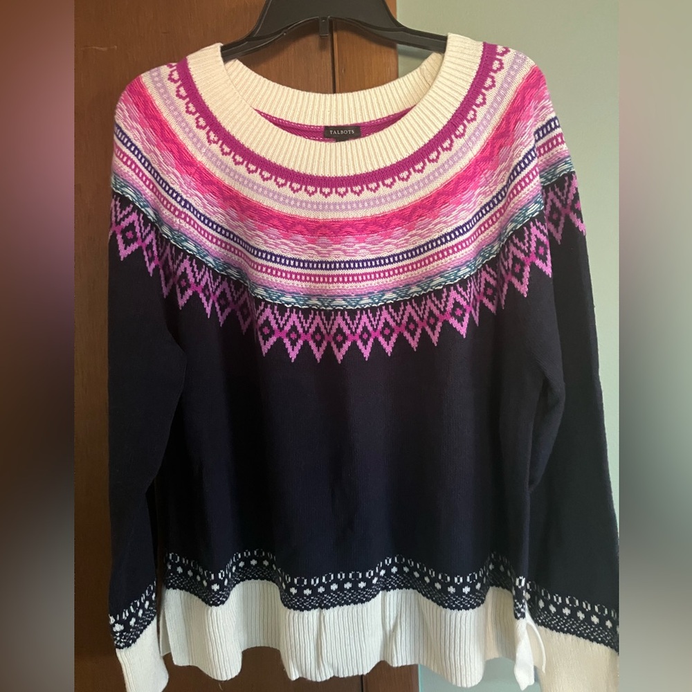 Talbots Fair Isle Yoke Crew Neck Sweater Size XL in Navy Pink Purple Teal NWT